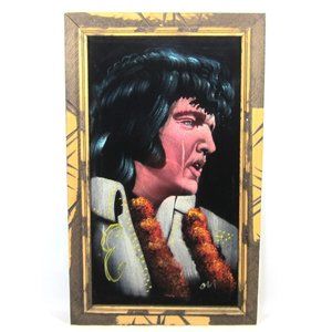 Elvis Presley Crying Black Velvet Painting Wood Framed VTG Signed 14x23" Hawaii